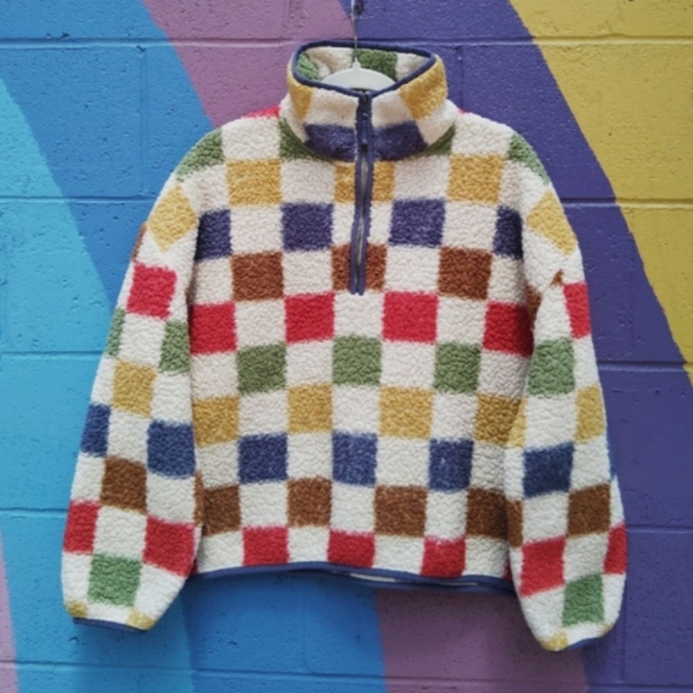 THE GREAT. Multicolor Checkered Teddy Jacket